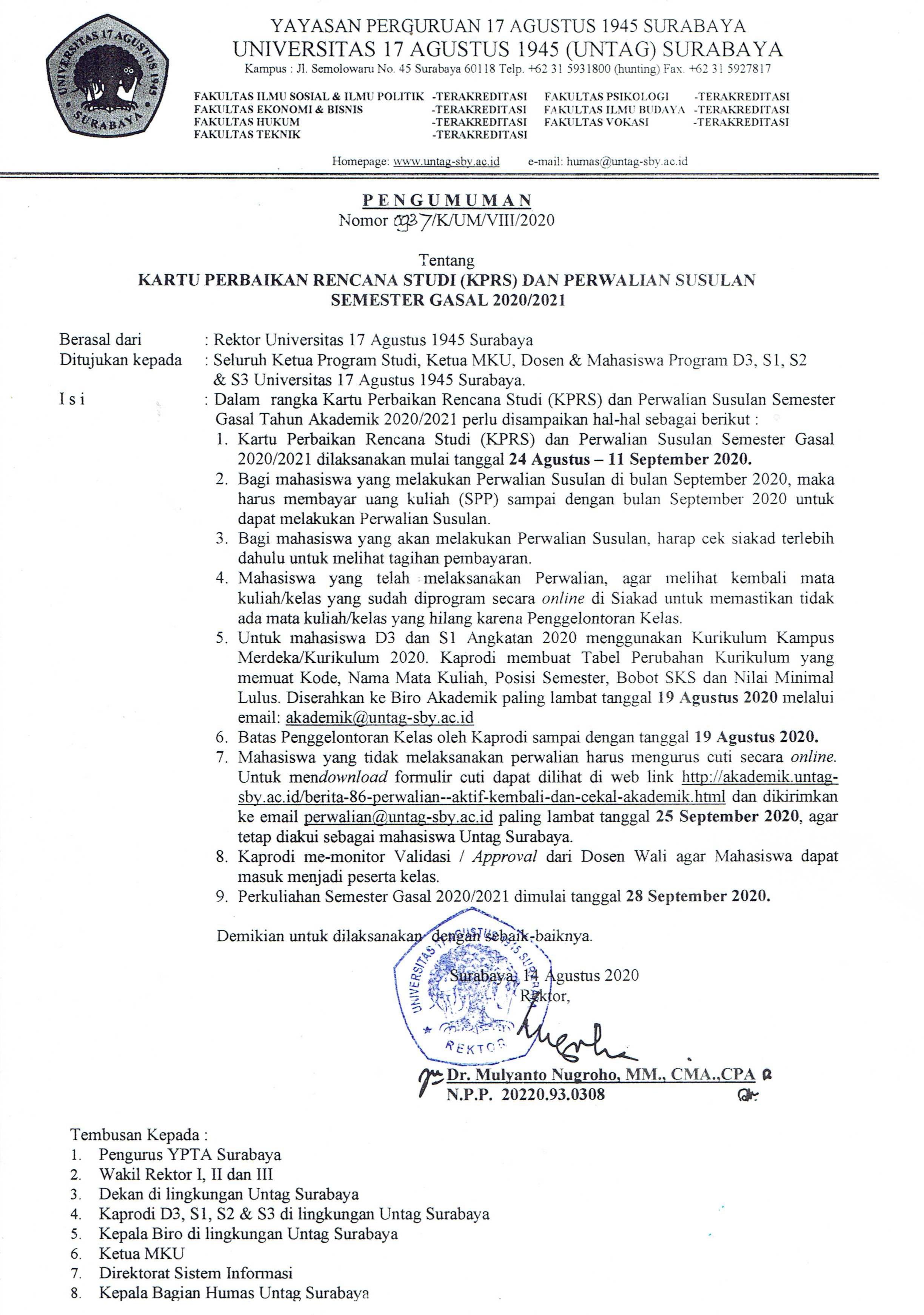 KPRS dan PERWALIAN SUSULAN SEMESTER GASAL 2020/2021